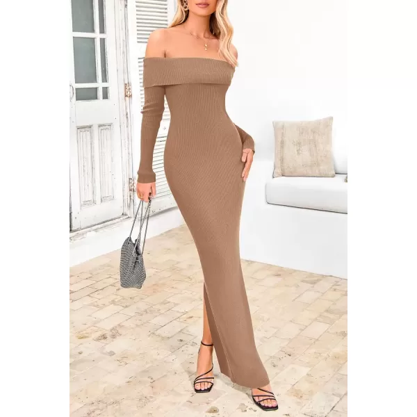 imagePRETTYGARDEN Womens Fall Sweater Dress Long Sleeve Off Shoulder Slit Maxi Bodycon Cocktail Party DressesKhaki