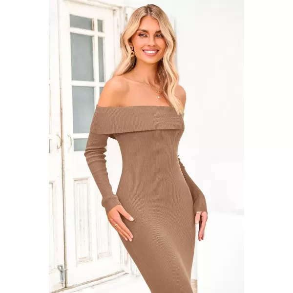 imagePRETTYGARDEN Womens Fall Sweater Dress Long Sleeve Off Shoulder Slit Maxi Bodycon Cocktail Party DressesKhaki