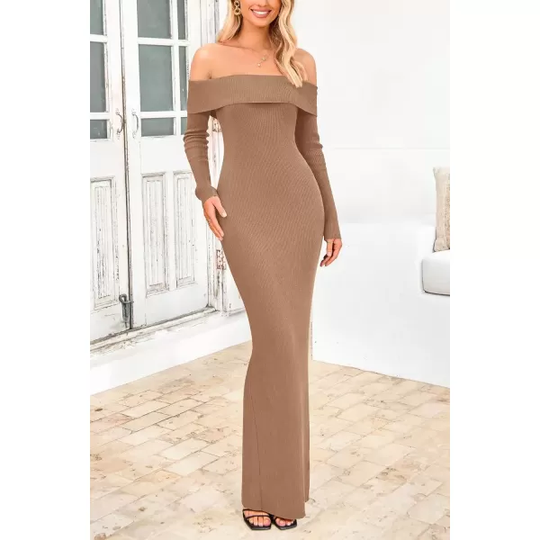 imagePRETTYGARDEN Womens Fall Sweater Dress Long Sleeve Off Shoulder Slit Maxi Bodycon Cocktail Party DressesKhaki