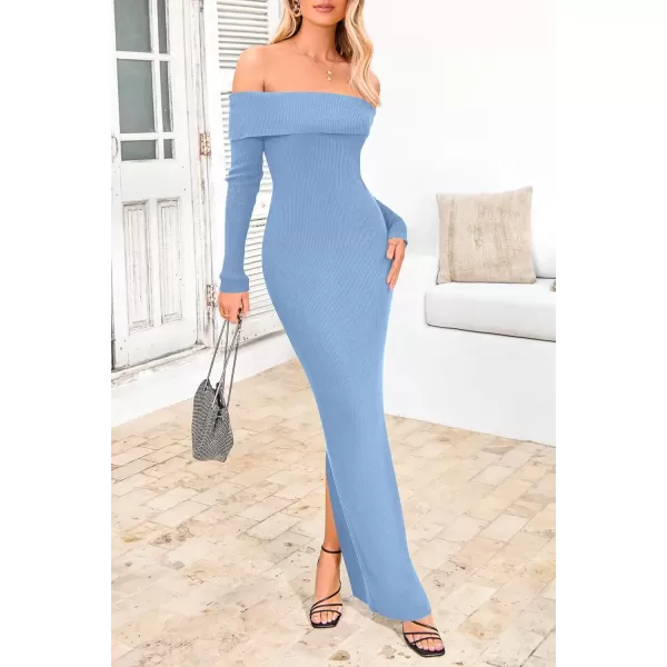 imagePRETTYGARDEN Womens Fall Sweater Dress Long Sleeve Off Shoulder Slit Maxi Bodycon Cocktail Party DressesLight Blue