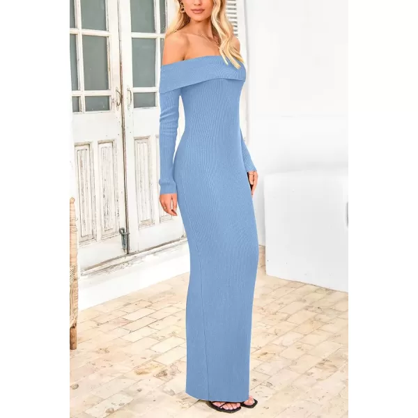 imagePRETTYGARDEN Womens Fall Sweater Dress Long Sleeve Off Shoulder Slit Maxi Bodycon Cocktail Party DressesLight Blue