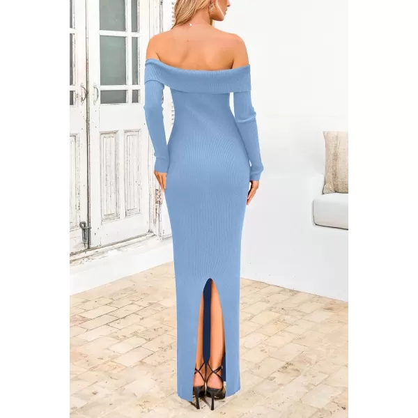imagePRETTYGARDEN Womens Fall Sweater Dress Long Sleeve Off Shoulder Slit Maxi Bodycon Cocktail Party DressesLight Blue
