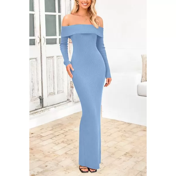 imagePRETTYGARDEN Womens Fall Sweater Dress Long Sleeve Off Shoulder Slit Maxi Bodycon Cocktail Party DressesLight Blue