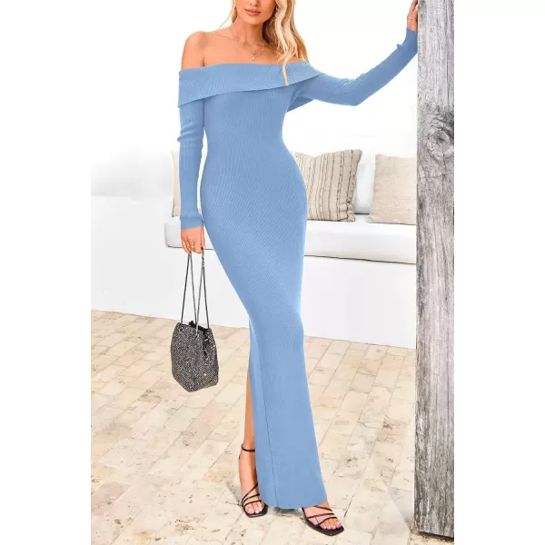imagePRETTYGARDEN Womens Fall Sweater Dress Long Sleeve Off Shoulder Slit Maxi Bodycon Cocktail Party DressesLight Blue