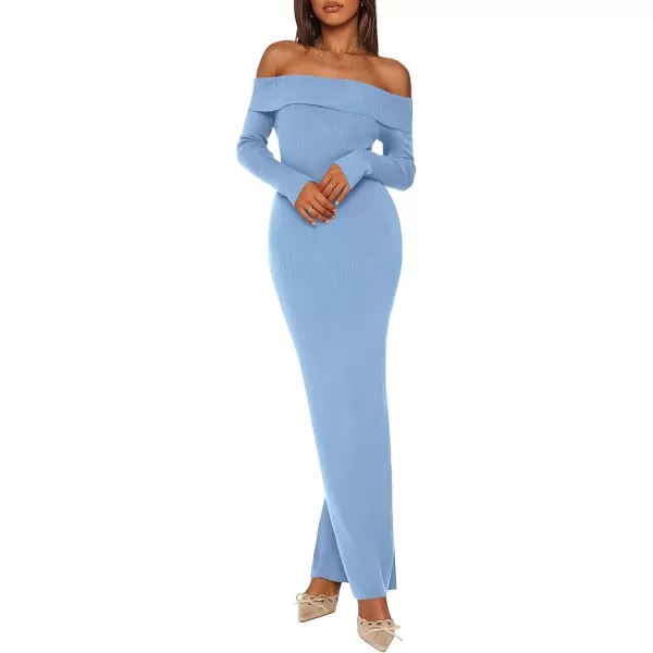 imagePRETTYGARDEN Womens Fall Sweater Dress Long Sleeve Off Shoulder Slit Maxi Bodycon Cocktail Party DressesLight Blue