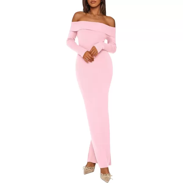imagePRETTYGARDEN Womens Fall Sweater Dress Long Sleeve Off Shoulder Slit Maxi Bodycon Cocktail Party DressesLight Pink