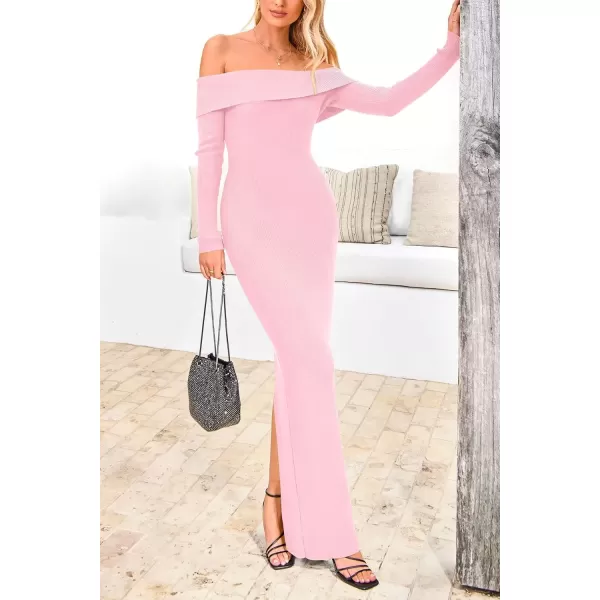 imagePRETTYGARDEN Womens Fall Sweater Dress Long Sleeve Off Shoulder Slit Maxi Bodycon Cocktail Party DressesLight Pink