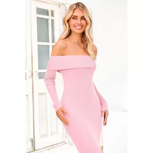 imagePRETTYGARDEN Womens Fall Sweater Dress Long Sleeve Off Shoulder Slit Maxi Bodycon Cocktail Party DressesLight Pink