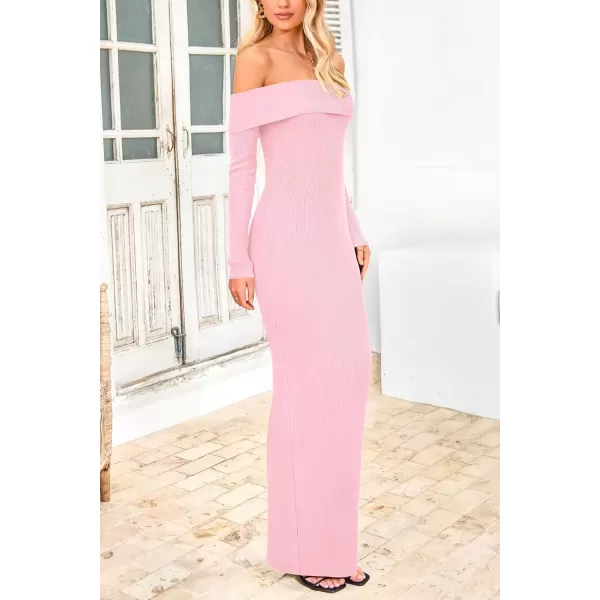 imagePRETTYGARDEN Womens Fall Sweater Dress Long Sleeve Off Shoulder Slit Maxi Bodycon Cocktail Party DressesLight Pink