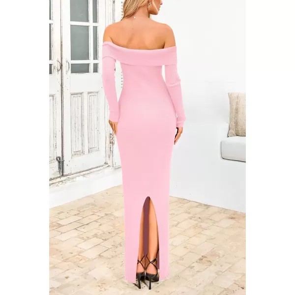 imagePRETTYGARDEN Womens Fall Sweater Dress Long Sleeve Off Shoulder Slit Maxi Bodycon Cocktail Party DressesLight Pink