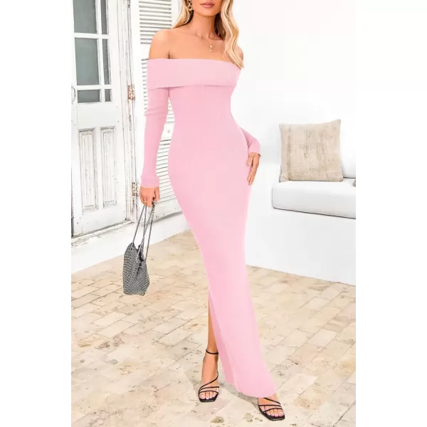 imagePRETTYGARDEN Womens Fall Sweater Dress Long Sleeve Off Shoulder Slit Maxi Bodycon Cocktail Party DressesLight Pink