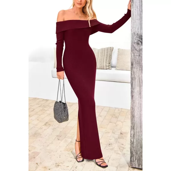 imagePRETTYGARDEN Womens Fall Sweater Dress Long Sleeve Off Shoulder Slit Maxi Bodycon Cocktail Party DressesWine Red