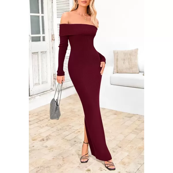 imagePRETTYGARDEN Womens Fall Sweater Dress Long Sleeve Off Shoulder Slit Maxi Bodycon Cocktail Party DressesWine Red