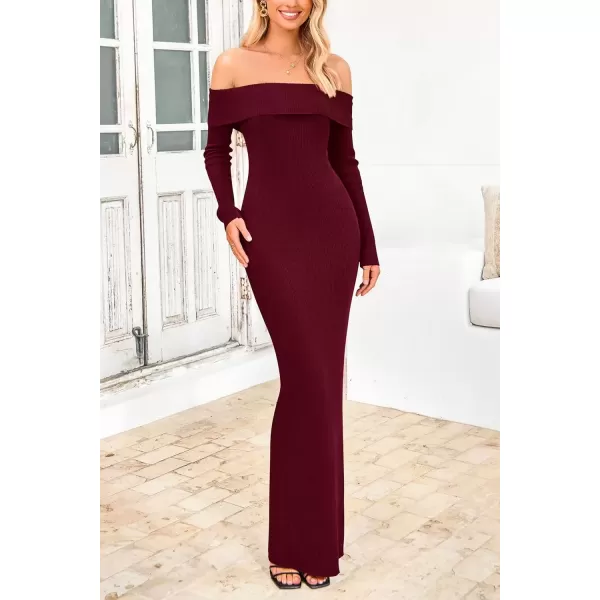 imagePRETTYGARDEN Womens Fall Sweater Dress Long Sleeve Off Shoulder Slit Maxi Bodycon Cocktail Party DressesWine Red