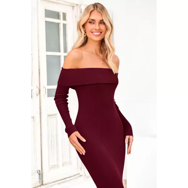 imagePRETTYGARDEN Womens Fall Sweater Dress Long Sleeve Off Shoulder Slit Maxi Bodycon Cocktail Party DressesWine Red