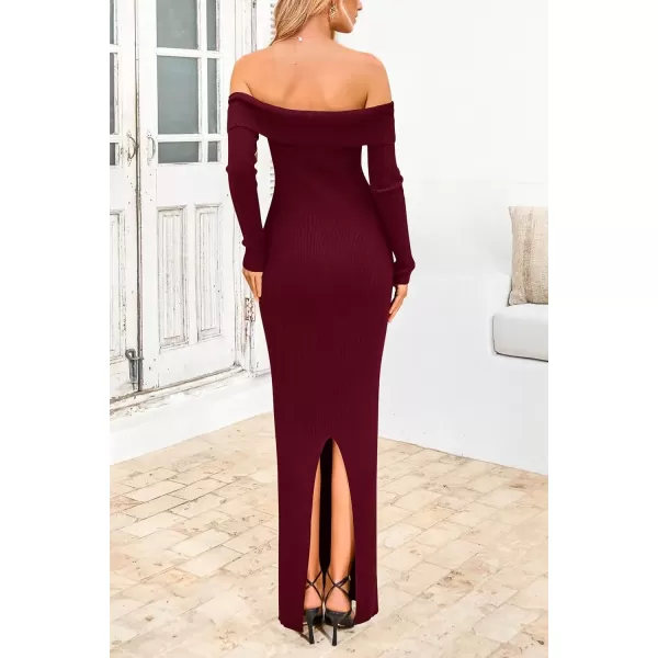imagePRETTYGARDEN Womens Fall Sweater Dress Long Sleeve Off Shoulder Slit Maxi Bodycon Cocktail Party DressesWine Red
