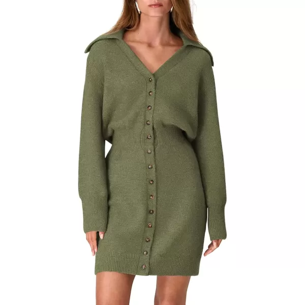 imagePRETTYGARDEN Womens Fall Sweater Dress Long Sleeve V Neck Button Down Knit Pullover Short DressesArmy Green