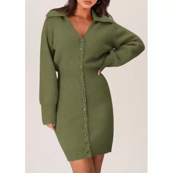 imagePRETTYGARDEN Womens Fall Sweater Dress Long Sleeve V Neck Button Down Knit Pullover Short DressesArmy Green