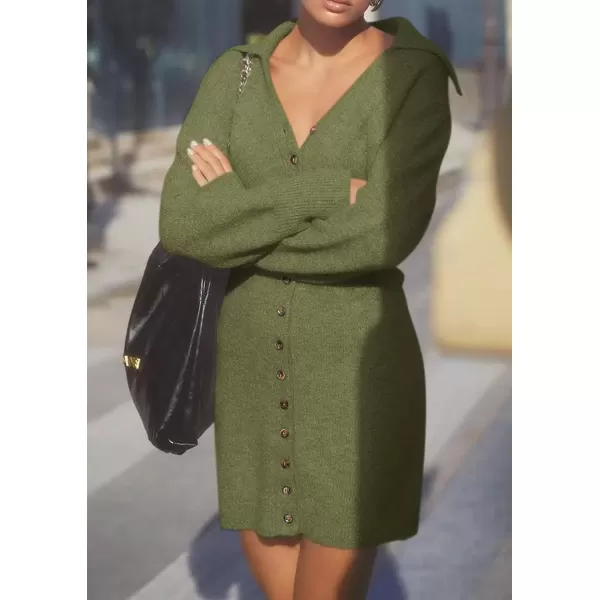 imagePRETTYGARDEN Womens Fall Sweater Dress Long Sleeve V Neck Button Down Knit Pullover Short DressesArmy Green