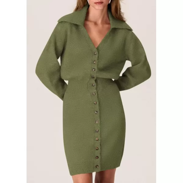 imagePRETTYGARDEN Womens Fall Sweater Dress Long Sleeve V Neck Button Down Knit Pullover Short DressesArmy Green