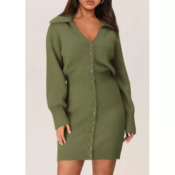 imagePRETTYGARDEN Womens Fall Sweater Dress Long Sleeve V Neck Button Down Knit Pullover Short DressesArmy Green
