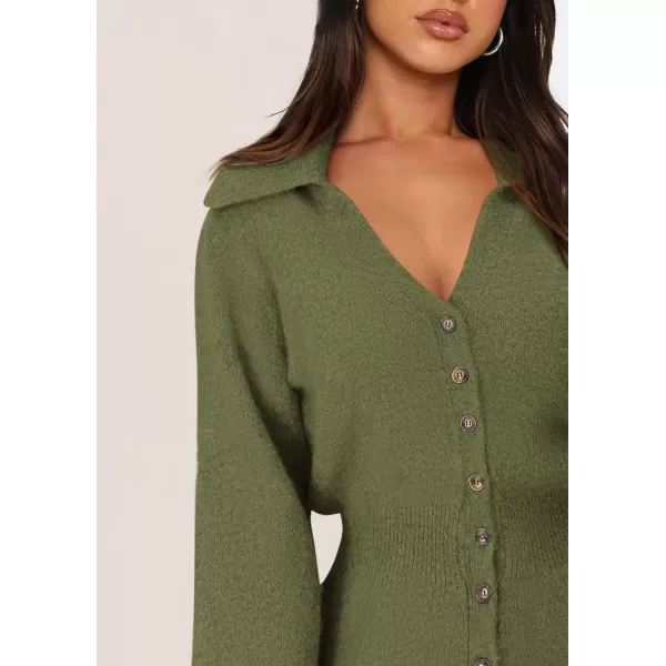 imagePRETTYGARDEN Womens Fall Sweater Dress Long Sleeve V Neck Button Down Knit Pullover Short DressesArmy Green