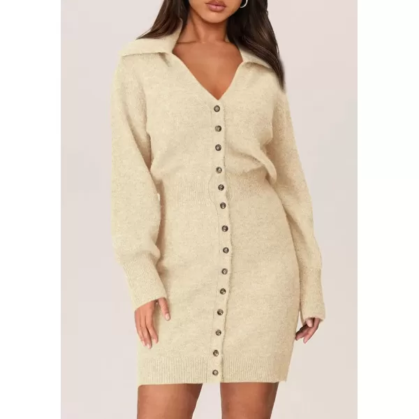 imagePRETTYGARDEN Womens Fall Sweater Dress Long Sleeve V Neck Button Down Knit Pullover Short DressesBeige