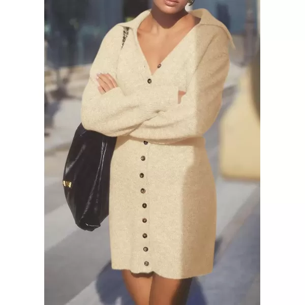 imagePRETTYGARDEN Womens Fall Sweater Dress Long Sleeve V Neck Button Down Knit Pullover Short DressesBeige