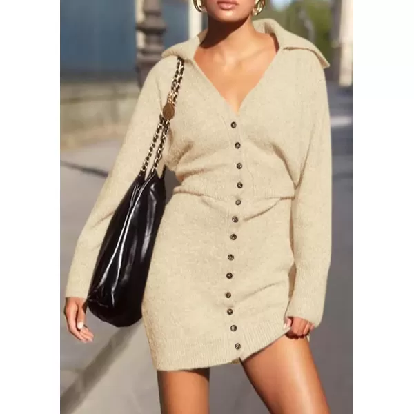 imagePRETTYGARDEN Womens Fall Sweater Dress Long Sleeve V Neck Button Down Knit Pullover Short DressesBeige