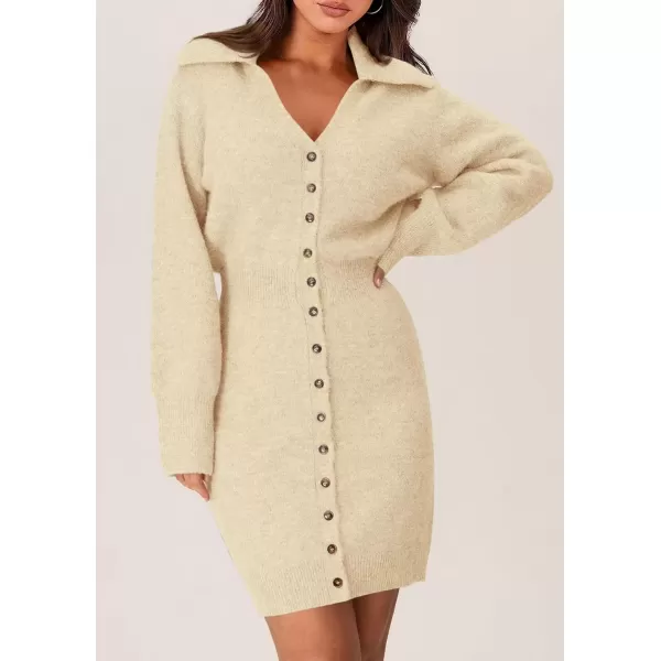 imagePRETTYGARDEN Womens Fall Sweater Dress Long Sleeve V Neck Button Down Knit Pullover Short DressesBeige