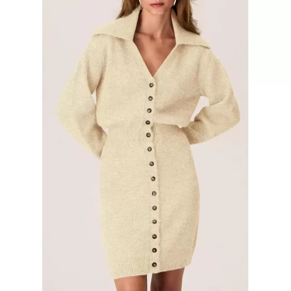 imagePRETTYGARDEN Womens Fall Sweater Dress Long Sleeve V Neck Button Down Knit Pullover Short DressesBeige