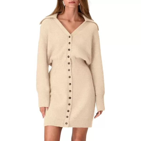 imagePRETTYGARDEN Womens Fall Sweater Dress Long Sleeve V Neck Button Down Knit Pullover Short DressesBeige