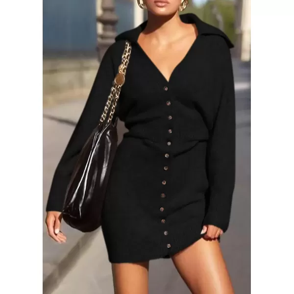 imagePRETTYGARDEN Womens Fall Sweater Dress Long Sleeve V Neck Button Down Knit Pullover Short DressesBlack