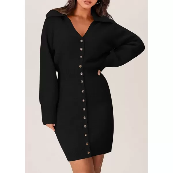 imagePRETTYGARDEN Womens Fall Sweater Dress Long Sleeve V Neck Button Down Knit Pullover Short DressesBlack