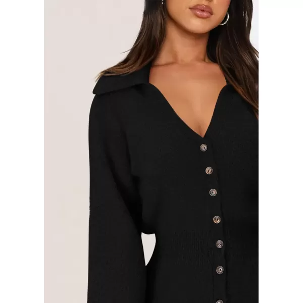 imagePRETTYGARDEN Womens Fall Sweater Dress Long Sleeve V Neck Button Down Knit Pullover Short DressesBlack