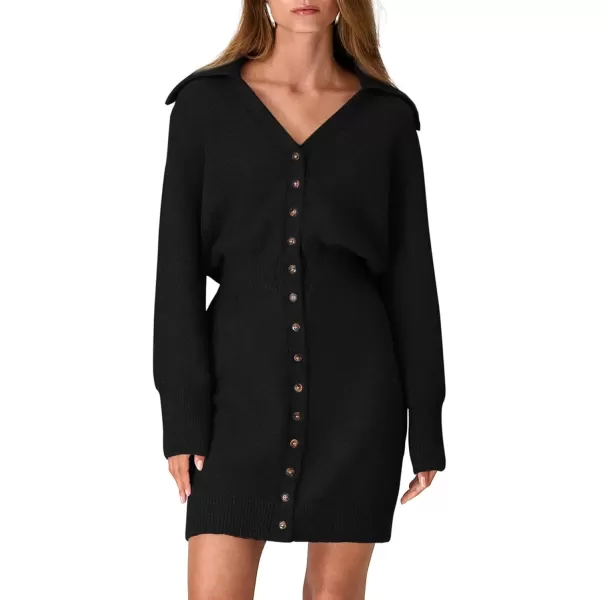 imagePRETTYGARDEN Womens Fall Sweater Dress Long Sleeve V Neck Button Down Knit Pullover Short DressesBlack