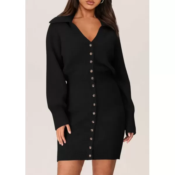 imagePRETTYGARDEN Womens Fall Sweater Dress Long Sleeve V Neck Button Down Knit Pullover Short DressesBlack