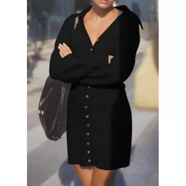 imagePRETTYGARDEN Womens Fall Sweater Dress Long Sleeve V Neck Button Down Knit Pullover Short DressesBlack