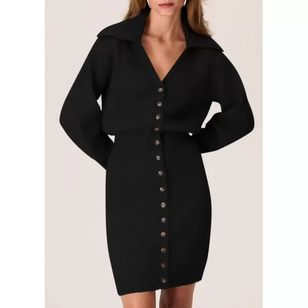 imagePRETTYGARDEN Womens Fall Sweater Dress Long Sleeve V Neck Button Down Knit Pullover Short DressesBlack