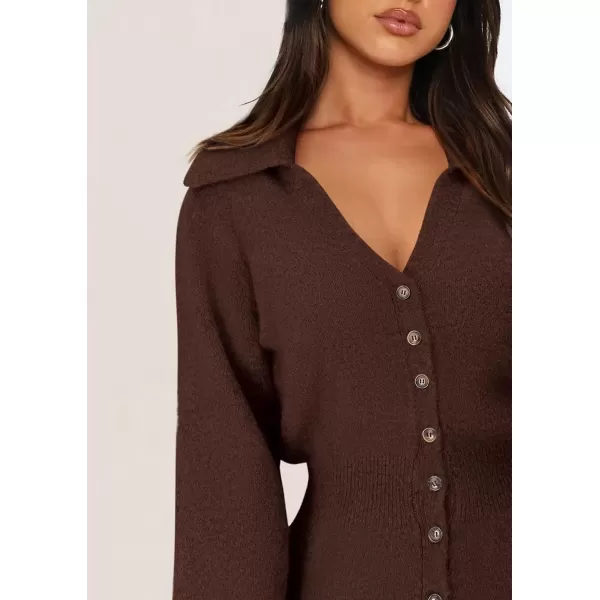 imagePRETTYGARDEN Womens Fall Sweater Dress Long Sleeve V Neck Button Down Knit Pullover Short DressesCoffee