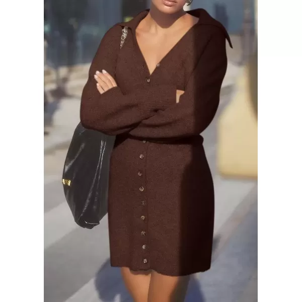 imagePRETTYGARDEN Womens Fall Sweater Dress Long Sleeve V Neck Button Down Knit Pullover Short DressesCoffee