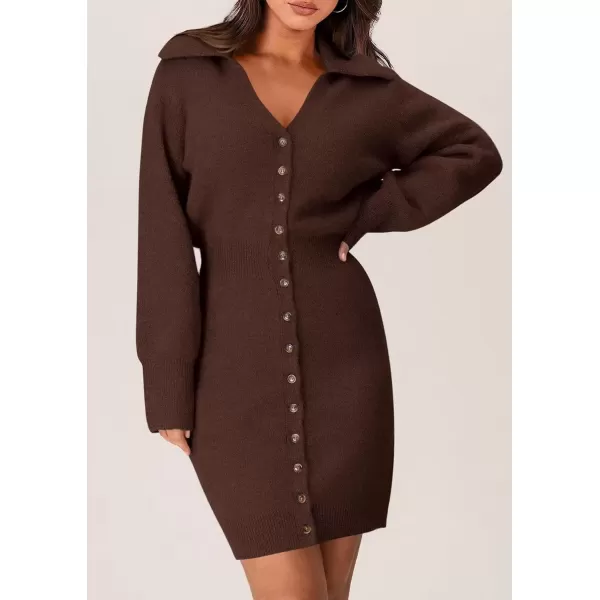imagePRETTYGARDEN Womens Fall Sweater Dress Long Sleeve V Neck Button Down Knit Pullover Short DressesCoffee