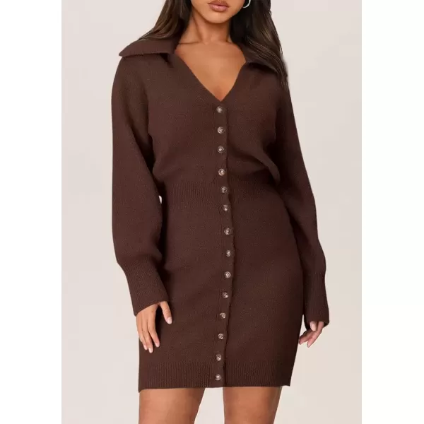 imagePRETTYGARDEN Womens Fall Sweater Dress Long Sleeve V Neck Button Down Knit Pullover Short DressesCoffee