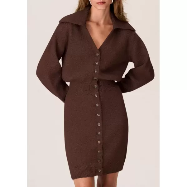 imagePRETTYGARDEN Womens Fall Sweater Dress Long Sleeve V Neck Button Down Knit Pullover Short DressesCoffee