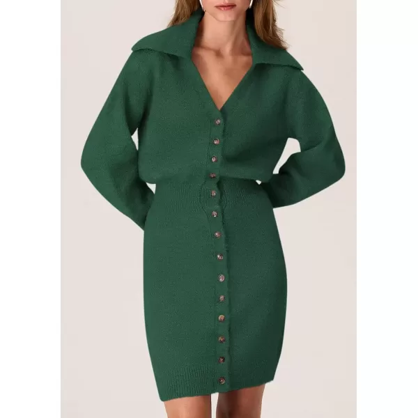 imagePRETTYGARDEN Womens Fall Sweater Dress Long Sleeve V Neck Button Down Knit Pullover Short DressesDark Green