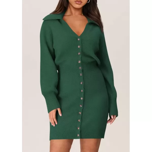 imagePRETTYGARDEN Womens Fall Sweater Dress Long Sleeve V Neck Button Down Knit Pullover Short DressesDark Green