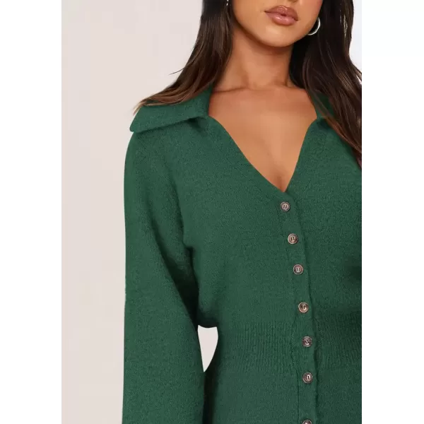imagePRETTYGARDEN Womens Fall Sweater Dress Long Sleeve V Neck Button Down Knit Pullover Short DressesDark Green