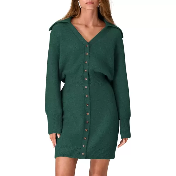 imagePRETTYGARDEN Womens Fall Sweater Dress Long Sleeve V Neck Button Down Knit Pullover Short DressesDark Green