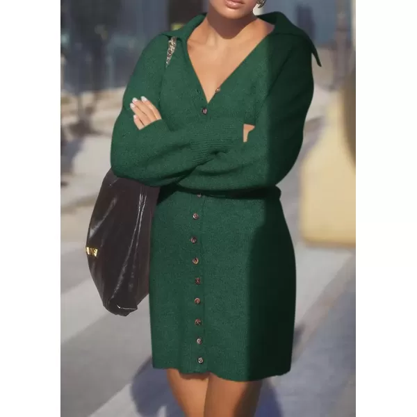 imagePRETTYGARDEN Womens Fall Sweater Dress Long Sleeve V Neck Button Down Knit Pullover Short DressesDark Green