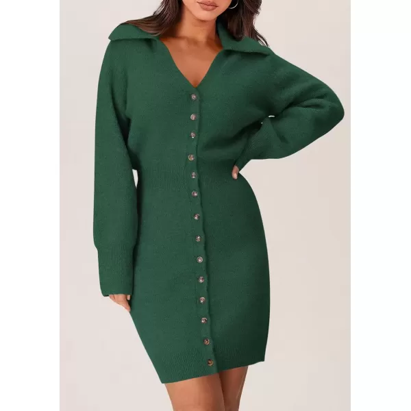 imagePRETTYGARDEN Womens Fall Sweater Dress Long Sleeve V Neck Button Down Knit Pullover Short DressesDark Green